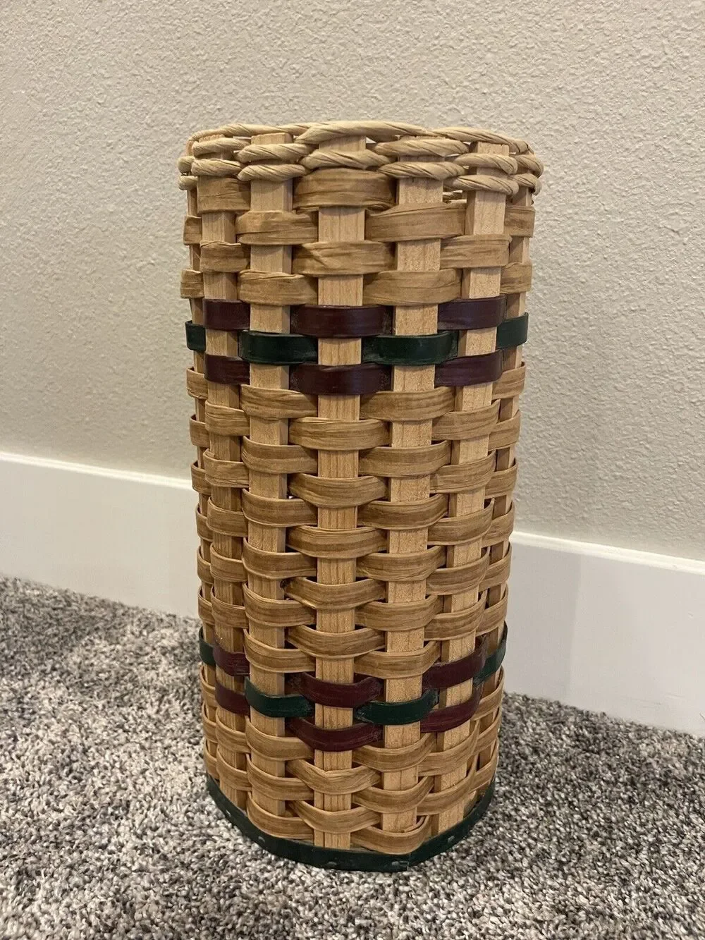 Vintage Wooden Woven Wicker Umbrella Or Toilet Paper Holder Basket 14”